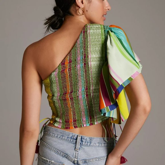 Anthropologie Hope for Flowers One-shoulder Rainbow Crop Blouse - Picture 3 of 8